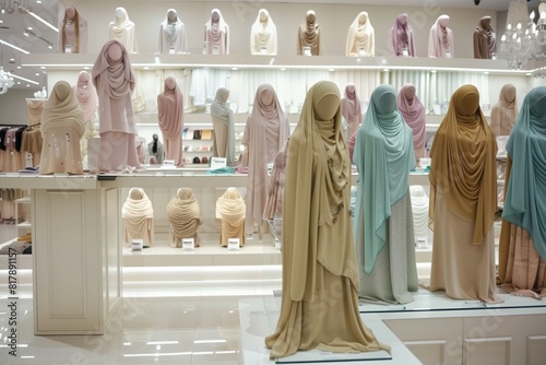 Mannequins in a boutique display various hijabs and modest clothing in an array of pastel colors, creating a serene shopping environment. photo