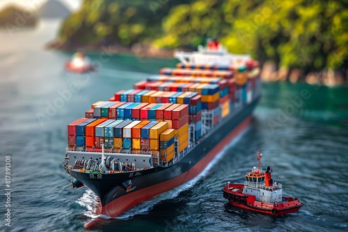 A large container ship sailing through the ocean with a smaller boat in the background