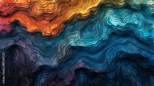 Abstract colorful topographic layers creating vibrant patterns in a geological landscape photo