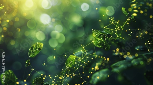 Green leaf with scientific molecular structures representing photosynthesis and quantum biology in a natural environment