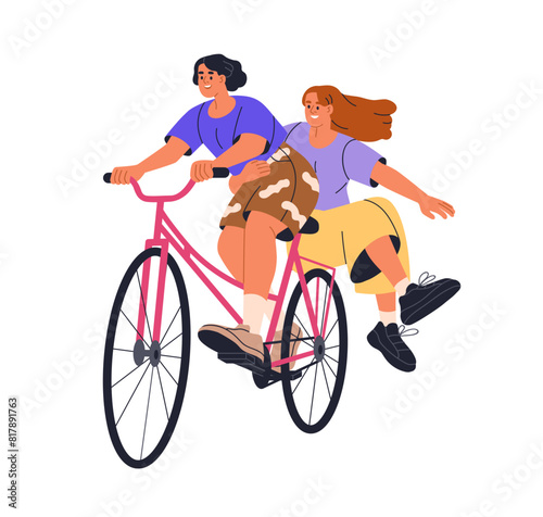Happy girls couple on bicycle, laughing, having fun. Young female friends enjoying bike ride, adventure, travel. Active joyful women cycling. Flat vector illustration isolated on white background