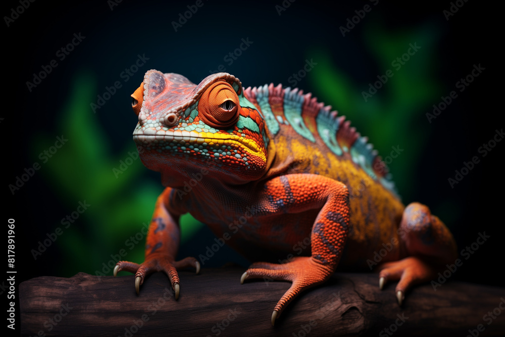 Obraz premium A colorful chameleon sitting on top of an oak tree branch, with its vibrant colors contrasting against the dark background. 
