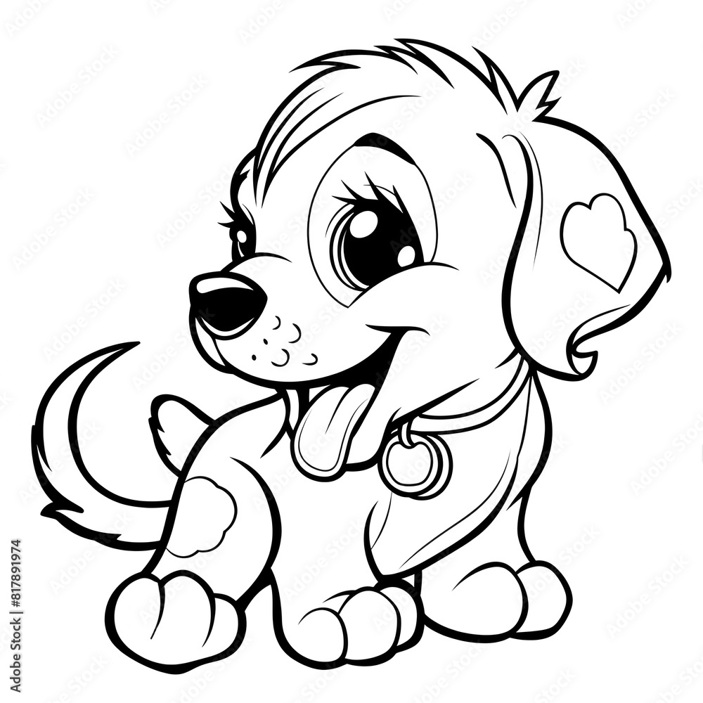 A black and white line art illustration of an adorable cartoon puppy, complete with a heart-shaped tag. The puppy's playful stance exudes joy and friendliness. A black and white line art illustration of an adorable cartoon puppy, complete with a heart-shaped tag. The puppy's playful stance exudes joy and friendliness.