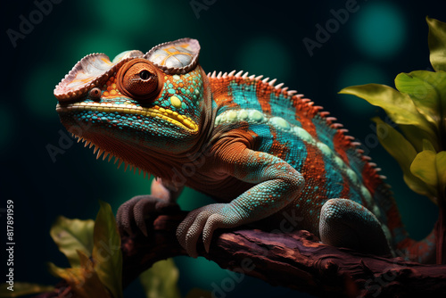 A colorful chameleon with its skin pattern mimicking the colors of tropical foliage  sitting on a tree branch in a lush rainforest. The background is dark green and blue.