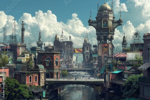 a city in a fantasy story illustration by generative ai photo