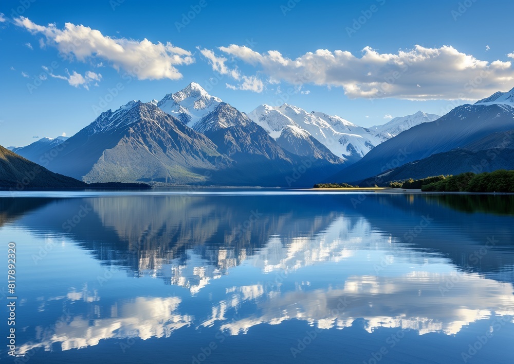 Serene Mountain Lake Landscape with Snow-Capped Peaks and Reflections