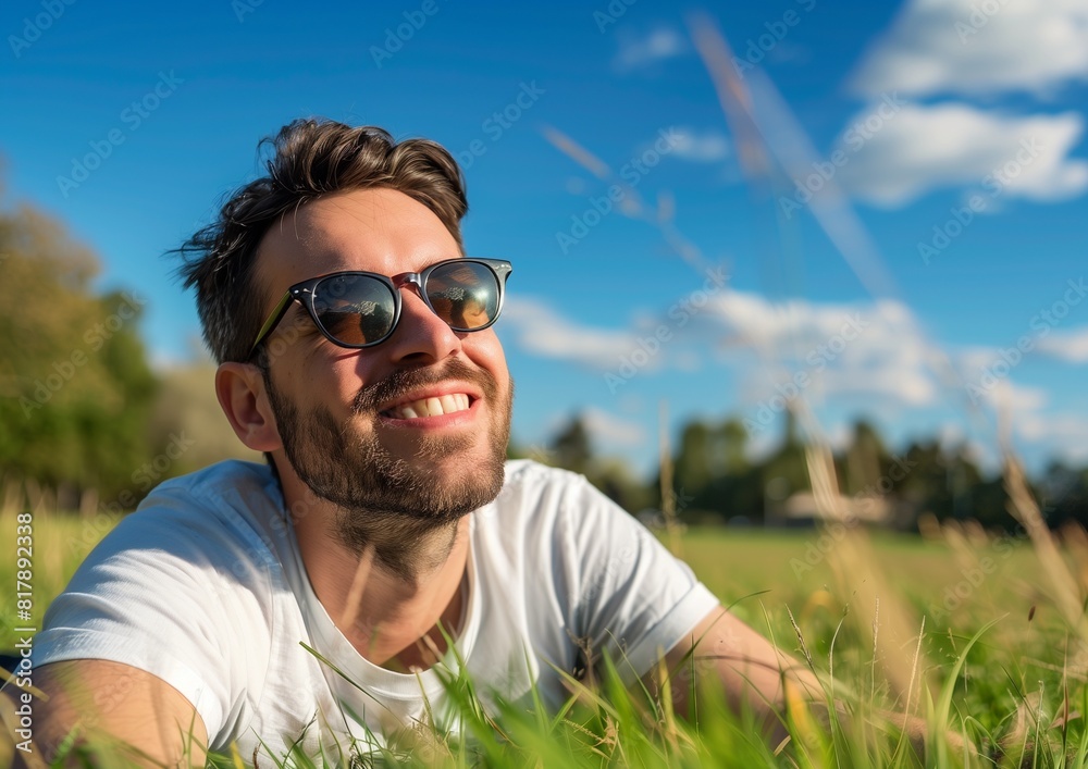 Happy Man Relaxing on Grass Field in Sunglasses Enjoying Sunshine Happy Man Relaxing on Grass Field in Sunglasses Enjoying Sunshine