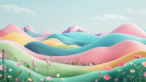 nature flat design side view valley theme 3D render colored pastel photo