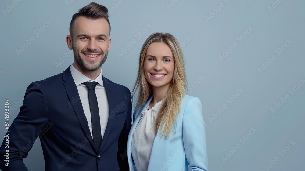Two professionals in formal business attire standing side by side, businessman and woman copy space background Two professionals in formal business attire standing side by side, businessman and woman copy space background