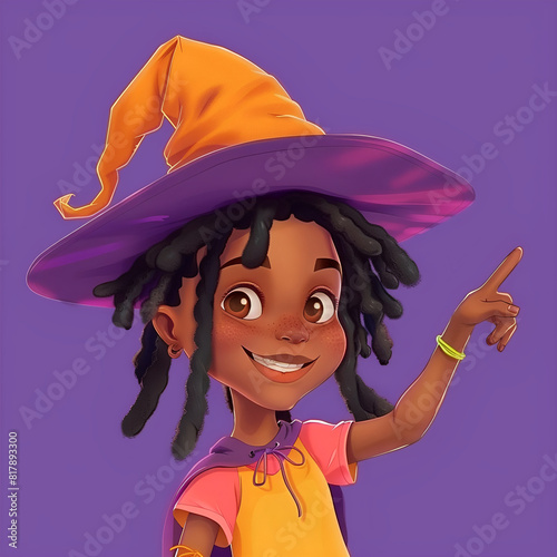 Halloween Black girl in witch costume (10 years old, smiling, looking at camera, dreadlocks), student pointing finger to side on purple background, hand pointing to empty space. Cartoon	