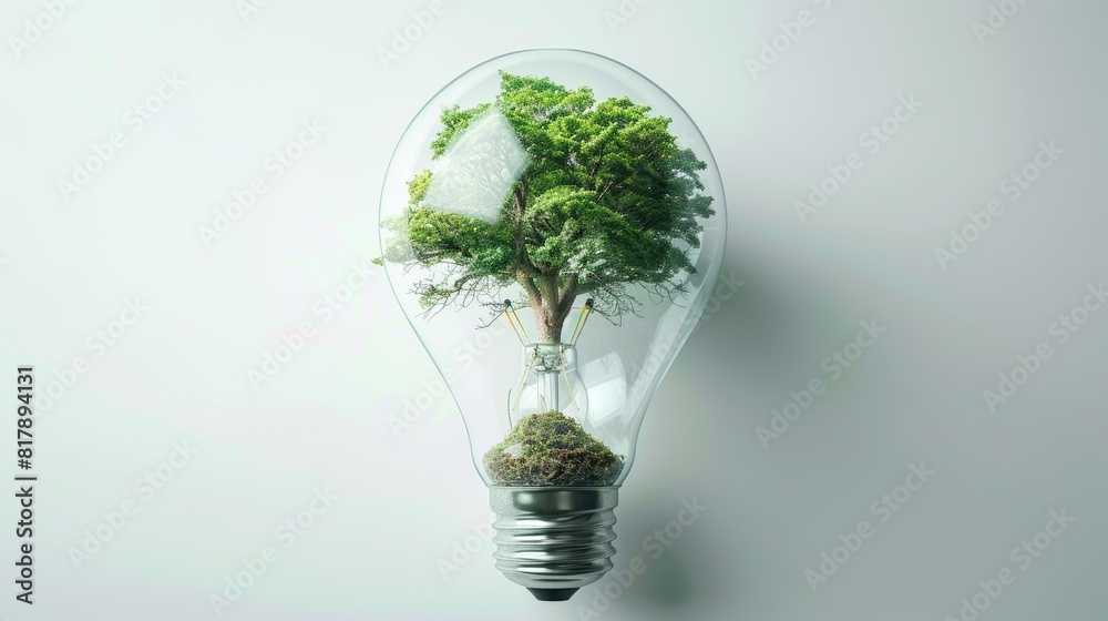 Small tree inside a light bulb on a minimalist background symbolizing eco-friendly energy solutions and environmental sustainability Small tree inside a light bulb on a minimalist background symbolizing eco-friendly energy solutions and environmental sustainability