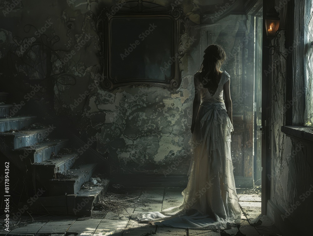Eerie image of a ghostly figure in a tattered white dress standing at the foot of a dilapidated staircase in an abandoned house. Eerie image of a ghostly figure in a tattered white dress standing at the foot of a dilapidated staircase in an abandoned house.