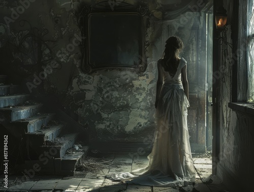 Eerie image of a ghostly figure in a tattered white dress standing at the foot of a dilapidated staircase in an abandoned house.