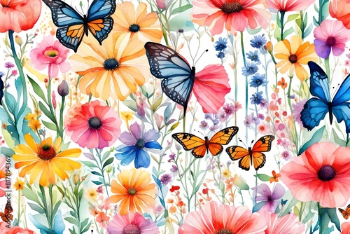 A vibrant watercolor garden full of colorful flowers and butterflies