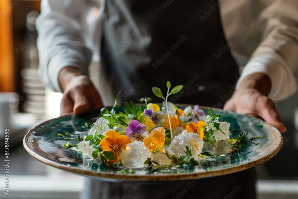 Close-up of a chef presenting a gourmet dish with fresh edible flowers and delicate garnishes on a green ceramic plate. Close-up of a chef presenting a gourmet dish with fresh edible flowers and delicate garnishes on a green ceramic plate.