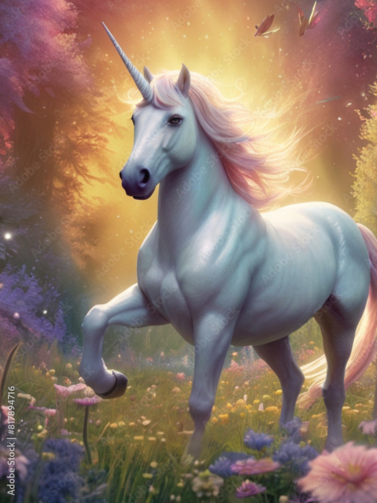 Naklejka premium In a whimsically enchanting magical landscape a dazzling dreamlike rainbow unicorn gallops in a meadow of pastel-hued flowers