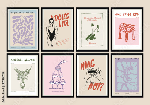 Minimal hand drawn vector dolce vita illustration set with aesthetic quote in a poster frame. Matisse style illustrations.	