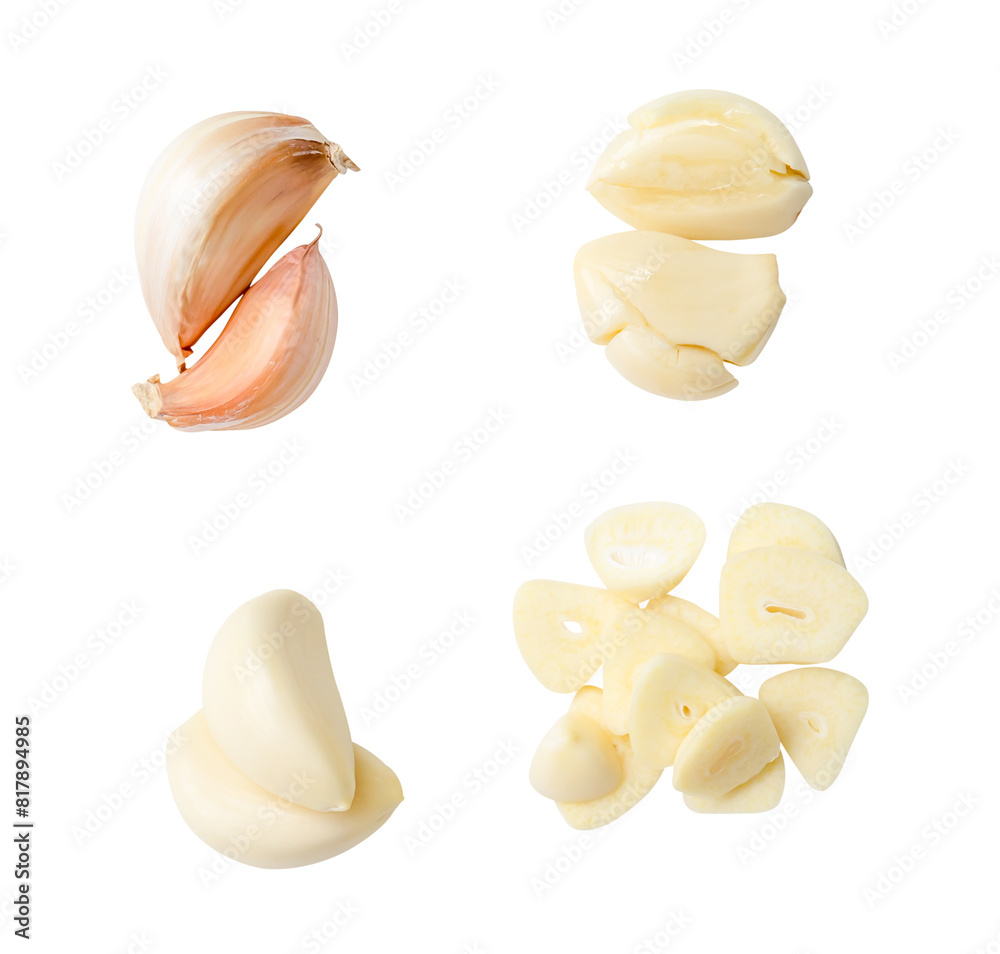 Top view set of fresh peeled and unpeeled pounded garlic cloves with slices in stack isolated on white background with clipping path
