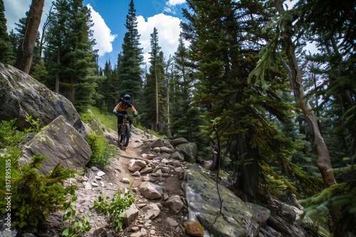 Mountain biker navigating a rocky trail through a dense forest on a sunny day, surrounded by tall evergreen trees and rugged terrain.