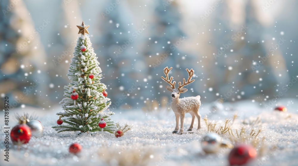 Christmas tree with ornaments and reindeer in a snowy landscape capturing the festive spirit of the holiday season