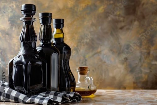 A collection of dark glass bottles with olive oil or balsamic vinegar on a checkered cloth, arranged against a rustic background. photo