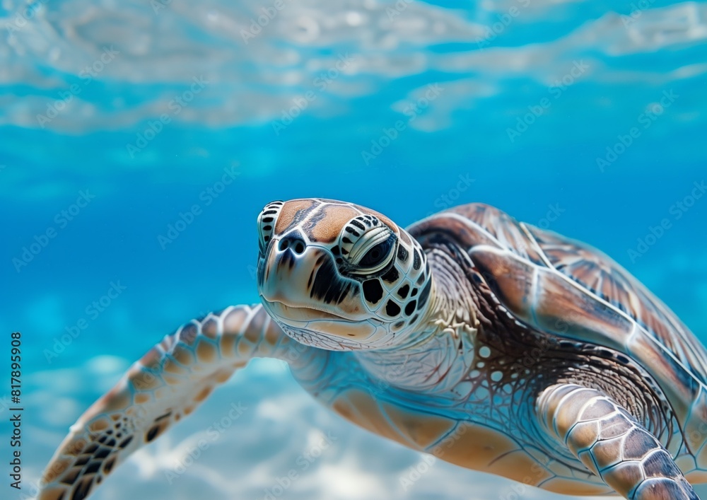 Fototapeta premium Close-up of a Graceful Sea Turtle Swimming in Blue Ocean Waters