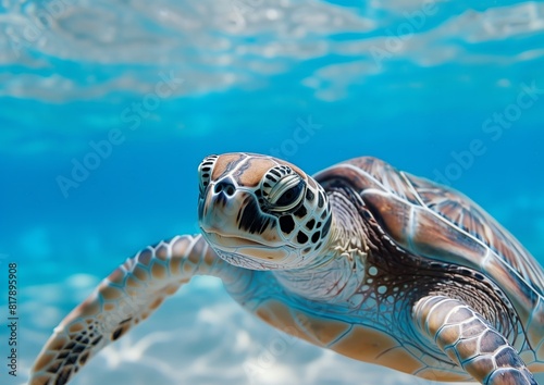 Close-up of a Graceful Sea Turtle Swimming in Blue Ocean Waters © Qstock