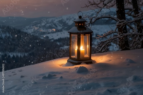 Snow-covered lantern on a backdrop of a winter forest Close-up of a lantern glowing in a snowy forest during the winter.    © Baloch Arts