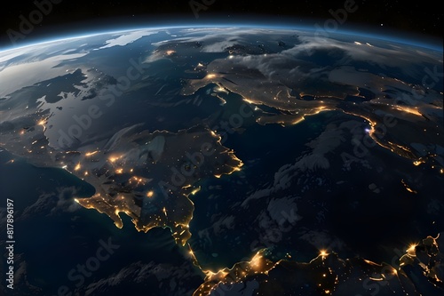 Viewed from orbit, the nighttime globe of Earth shows the city lights of different nations on sunlit land. The notion of galaxies and space travel