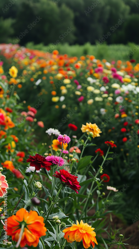 Colorful Flower Farm with Workers Tending Vibrant Blooms  