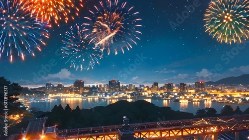 夜景の上に打ち上げられる花火群