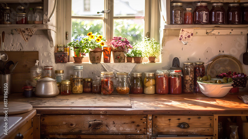 Rustic Farmhouse Kitchen with Homemade Preserves on Wooden Table   © Davivd