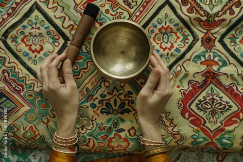 Hands holding a Tibetan singing bowl and mallet on a colorful, ornate fabric background, illustrating meditation and relaxation concepts.
