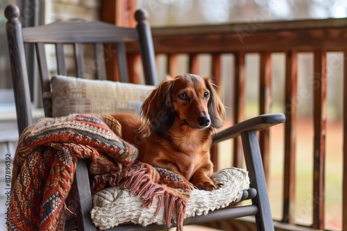 A long-haired dachshund lies on a cozy, cushioned rocking chair on a porch, surrounded by colorful knitted blankets.