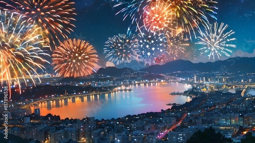 夜景の上に花火が打ちあがる