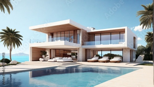 Luxury beach house with sea view swimming pool and terrace in modern design. 3d illustration of contemporary holiday villa exterior.  © Mubasher 
