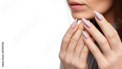 Woman s hands  elegant neutral manicure  pale pink gel polish  gray background. Generative AI