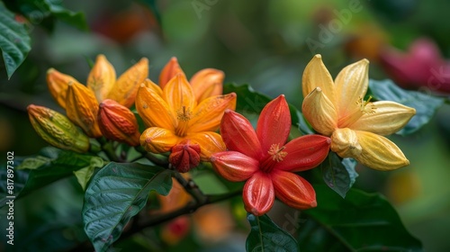 Three orange and red flowers are on a green leaf