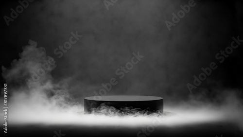 Dark podium, smoke backdrop, abstract stage, fog spotlight. Dramatic empty studio. Generative AI photo