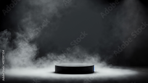 Dark podium, smoke backdrop, abstract stage, fog spotlight. Dramatic empty studio. Generative AI photo