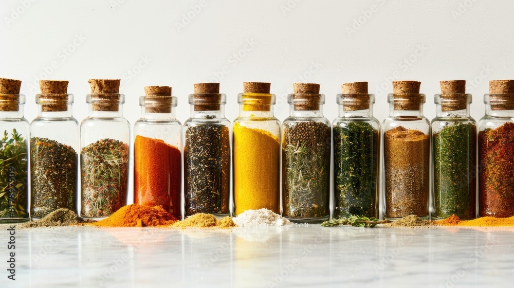 spices in glass jars, each catching the sunlight on a pristine white kitchen counter. spices in glass jars, each catching the sunlight on a pristine white kitchen counter.