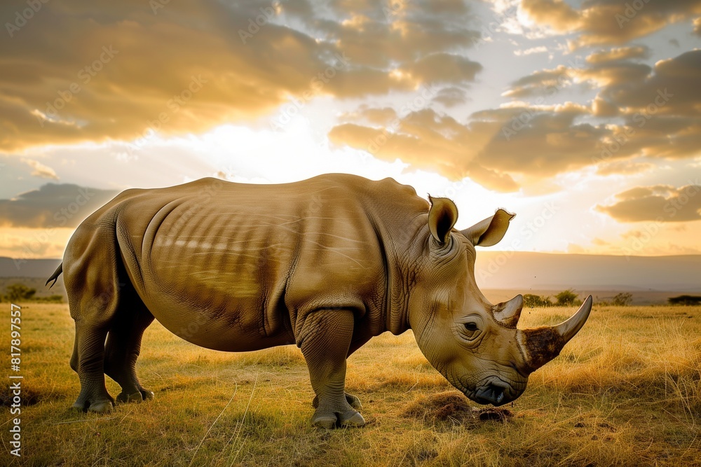 Fototapeta premium A rhinoceros grazes on grass in a vast savannah during sunset, with a dramatic sky highlighting the peaceful scene.