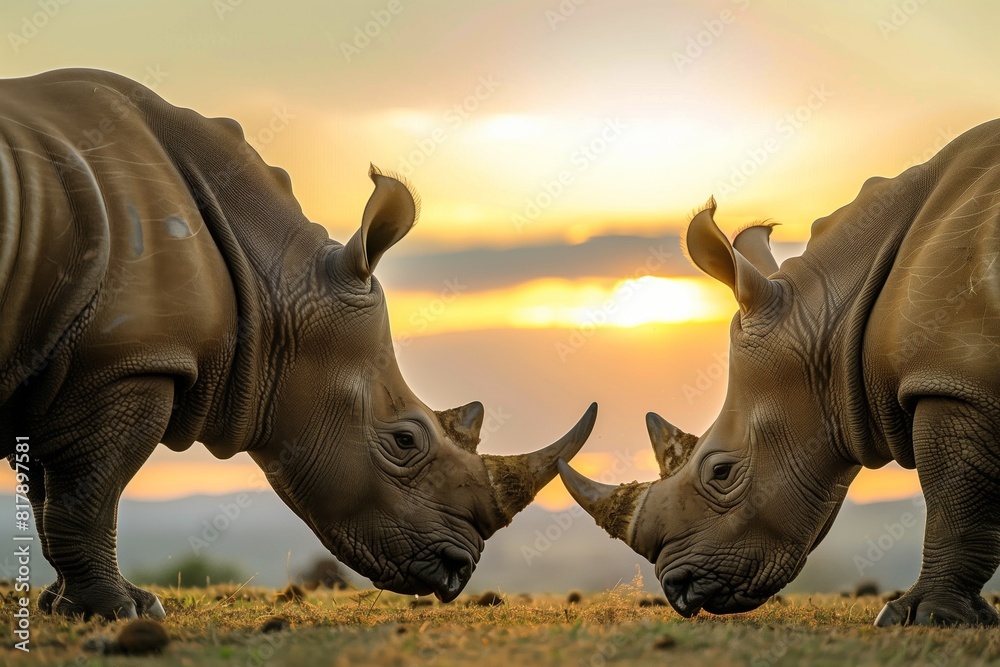 Fototapeta premium Two rhinoceroses touching horns against a vivid sunset backdrop, symbolizing connection and nature.