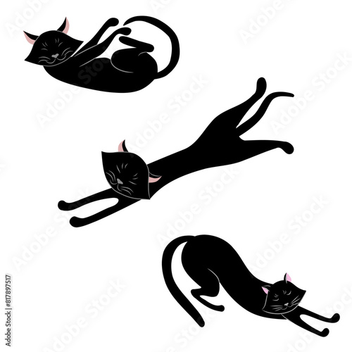 Vector image of three black cats in various poses on a white background. Set for print, composition.
