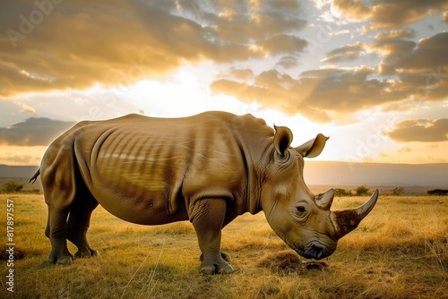 A rhinoceros grazes on grass in a vast savannah during sunset  with a dramatic sky highlighting the peaceful scene.