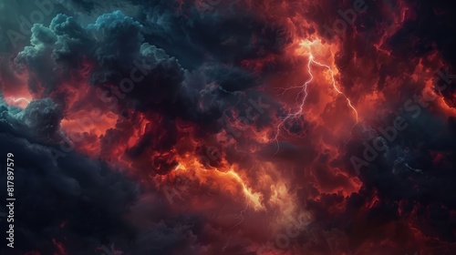 lightning storm with storm clouds and flame on the sky. gloomy cloudy dramatic ominous epic sky background realistic