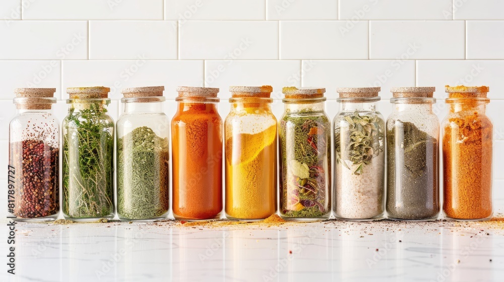 spices in glass jars, each catching the sunlight on a pristine white kitchen counter. spices in glass jars, each catching the sunlight on a pristine white kitchen counter.