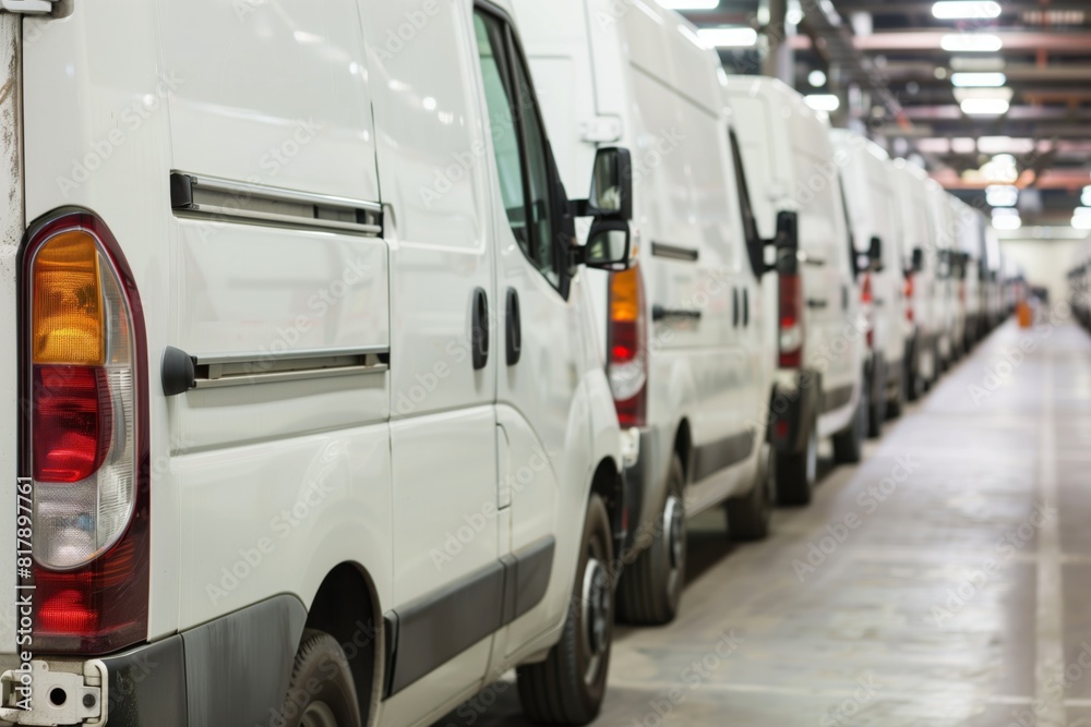 A row of white delivery vans parked indoors in a warehouse or garage, highlighting commercial transportation and logistics.