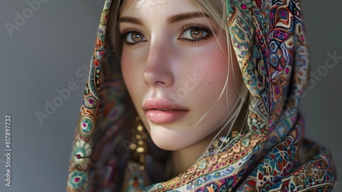 Beautiful blonde Woman in Traditional Attire and Embroidered Headscarf photo