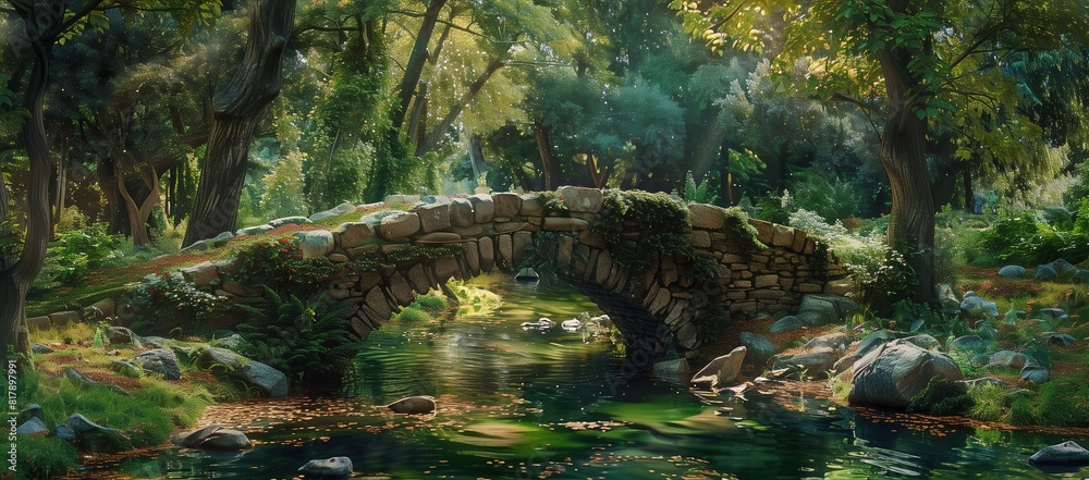 A picturesque stone bridge over the clear, crystal stream in an ancient woodland setting